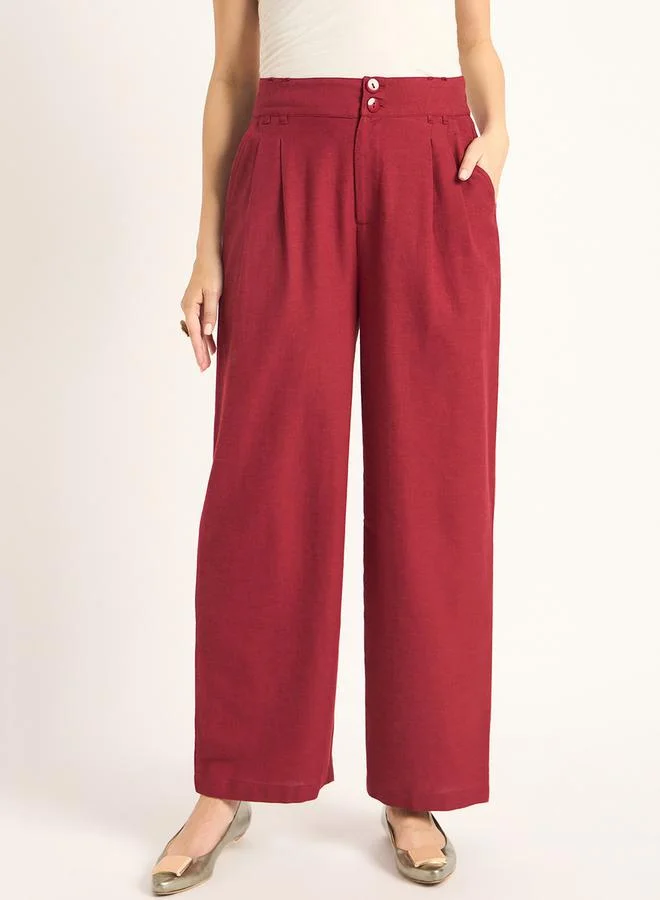 Femmella Femmella Solid Dual Button Detail Pleated Straight Pants