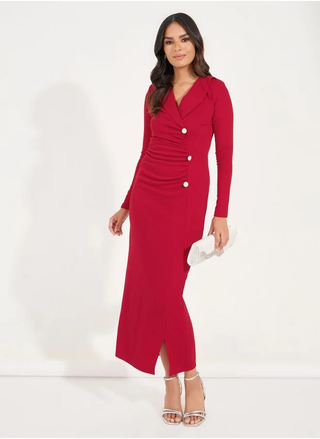 Styli Gathered Button Detail Blazer Maxi Dress