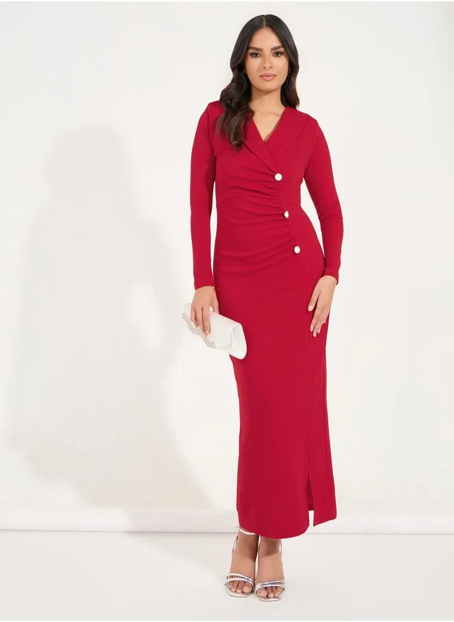 Styli Gathered Button Detail Blazer Maxi Dress