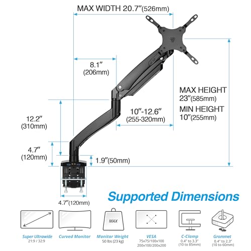 AVLT Single 17"-49" Super Ultrawide Monitor Arm Desk Mount for Screens up to 50 lbs, Premium Aluminum Stand, Adjustable Pneumatic Height, Full Motion Swivel Tilt Rotation, USB 3.0 & AUX Ports, Black - Image 2