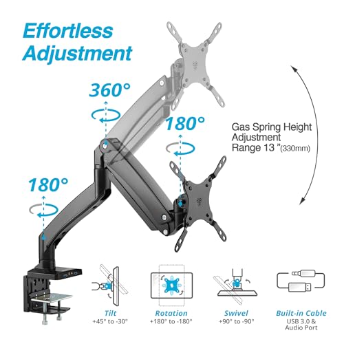 AVLT Single 17"-49" Super Ultrawide Monitor Arm Desk Mount for Screens up to 50 lbs, Premium Aluminum Stand, Adjustable Pneumatic Height, Full Motion Swivel Tilt Rotation, USB 3.0 & AUX Ports, Black - Image 3