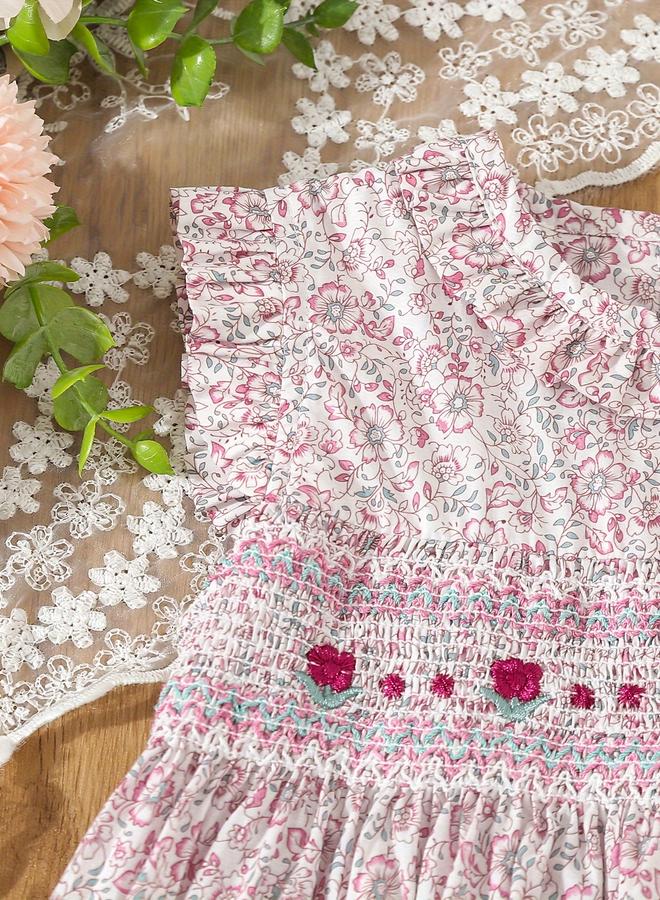 تايك تو فستان بناتي وردي مطاطي بنقشة الزهور - Image 4