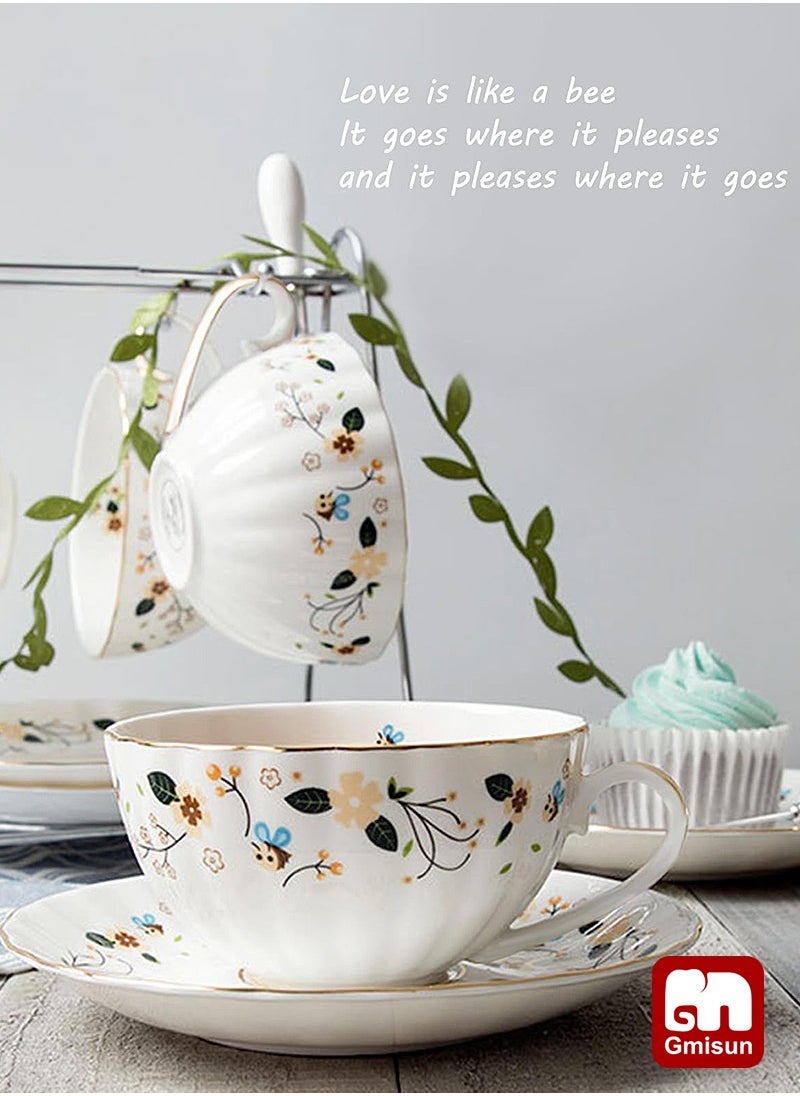 Gmisun Ceramic Coffee Cup and Saucer Set,Vintage Floral Design Porcelain Coffee Cup and Saucer, Hand Crafted Flower Shaped Coffee Cup for Home Office,200 ML  - Image 3