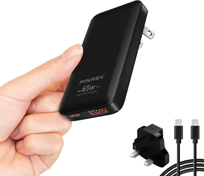 بينريك شاحن 2-منفذ 65W USB C، محول سفر مع كابل Type C بقدرة 100W وقابس بريطاني، شاحن حائط فائق النحافة وسريع الشحن لأجهزة iPhone وMacBook وiPad وGalaxy والمزيد - Image 1