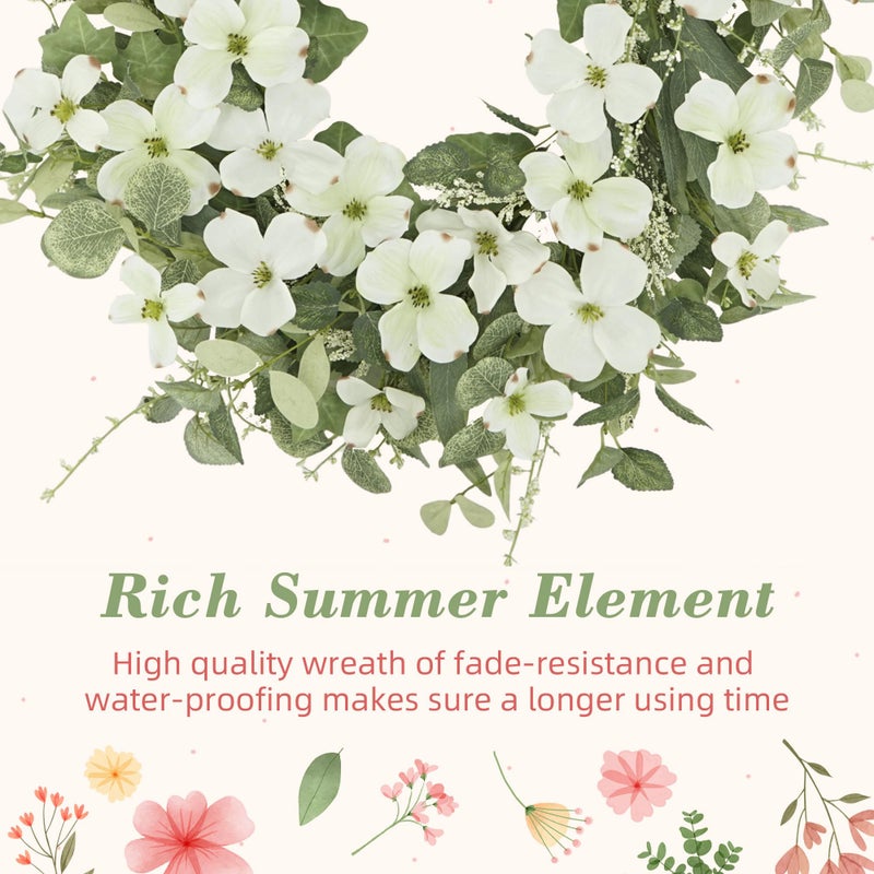 YNYLCHMX 18" Spring Summer Wreaths for Front Door, Artificial Floral Wreath with White Phalaenopsis Green Eucalyptus Leaves, Green Foliage Wreath for Wall Window Farmhouse Party Holiday Home Decor - Image 5