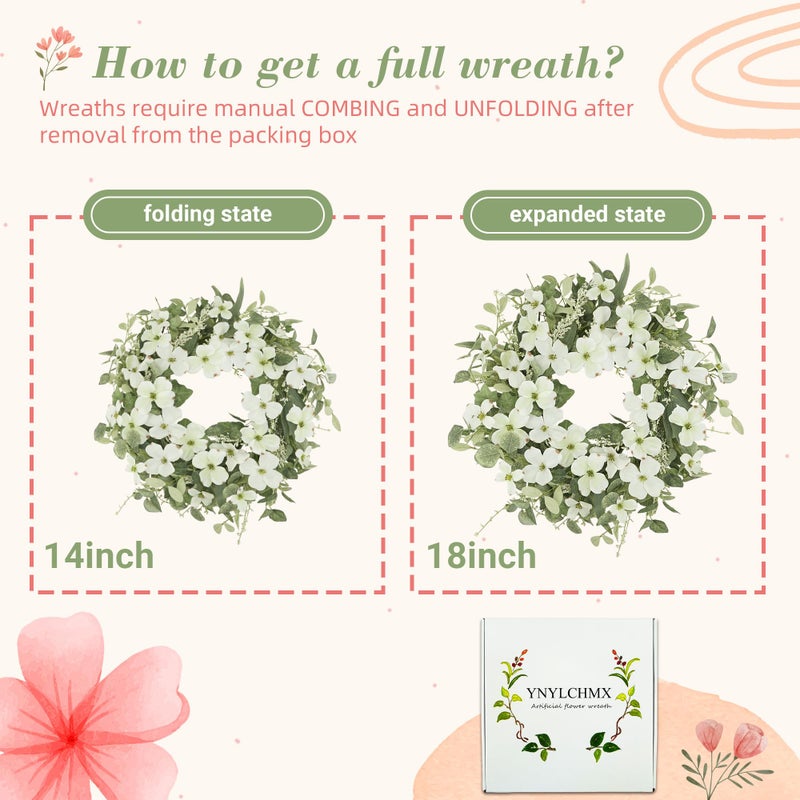 YNYLCHMX 18" Spring Summer Wreaths for Front Door, Artificial Floral Wreath with White Phalaenopsis Green Eucalyptus Leaves, Green Foliage Wreath for Wall Window Farmhouse Party Holiday Home Decor - Image 3