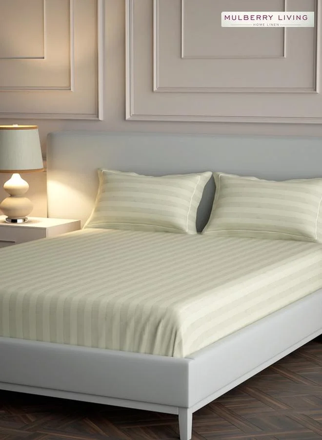Mulberry Living 100% Cotton Queen Flat Bedsheet With 2 Pillow Covers - 300Tc Elysian Stripes - Ivory