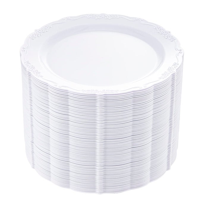 60PCS WHITE PLASTIC PLATES HEAVY DUTY WHITE DISPOSABLE PREMIUM 75INCH DESSERT CAKE SALAD APPETIZER PLATES HARD PLASTIC PLATOS DISPOSABLE FOR PARTY WEDDING