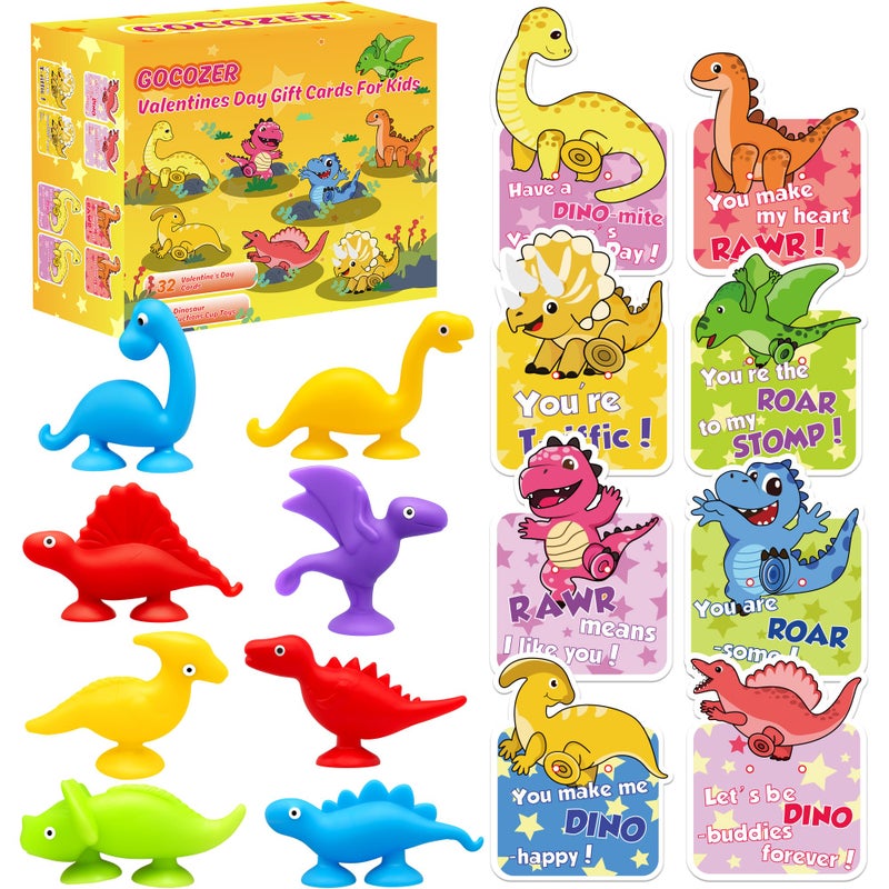 Gocozer 32 Pack Valentines Day Gifts for Kids Classroom with Dinosaurs Suction Cup Toys Dinosaur Valentines Day Cards for Boys Bath Toys Valentines Exchange Gifts Bulk for Kids School Class - Image 3