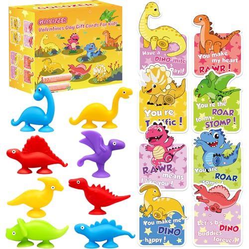 Gocozer 32 Pack Valentines Day Gifts for Kids Classroom with Dinosaurs Suction Cup Toys Dinosaur Valentines Day Cards for Boys Bath Toys Valentines Exchange Gifts Bulk for Kids School Class - Image 1