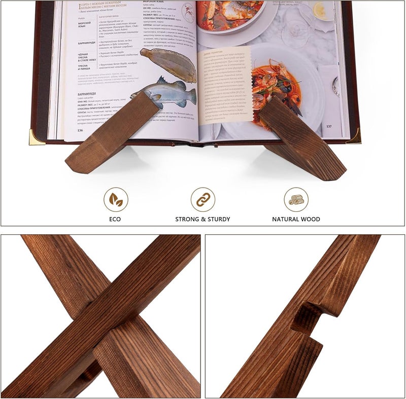 SAMEBUTECO Wooden Cookbook Stand 2 Packs, X Shape Recipe Book Holder for Kitchen Counter,Fastened Wood Display Stand Rustic Style Brown with Box - Image 3