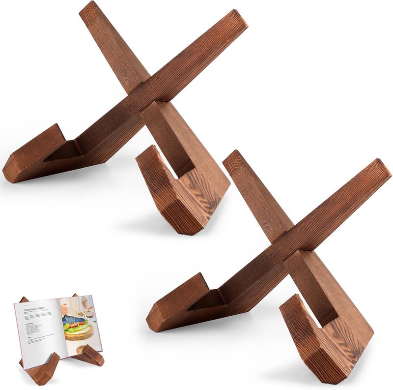 SAMEBUTECO Wooden Cookbook Stand 2 Packs, X Shape Recipe Book Holder for Kitchen Counter,Fastened Wood Display Stand Rustic Style Brown with Box - Image 1
