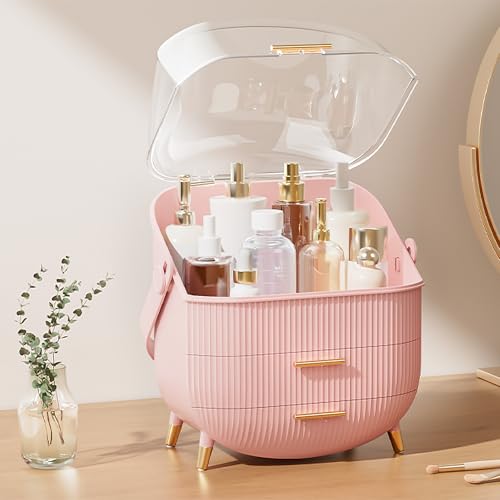 ALOXE Storage Box and Organiser for Makeup & Skincare | Large Makeup Organisers with Dust-Proof Cover | Dressing Table Organiser with Drawers (Pink) - Image 5