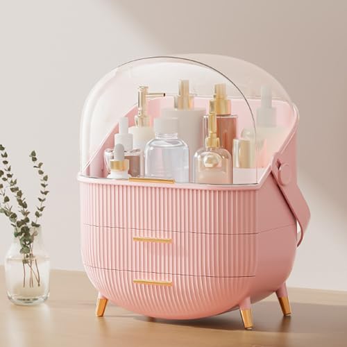 ALOXE Storage Box and Organiser for Makeup & Skincare | Large Makeup Organisers with Dust-Proof Cover | Dressing Table Organiser with Drawers (Pink) - Image 3