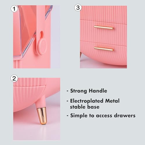 ALOXE Storage Box and Organiser for Makeup & Skincare | Large Makeup Organisers with Dust-Proof Cover | Dressing Table Organiser with Drawers (Pink) - Image 4