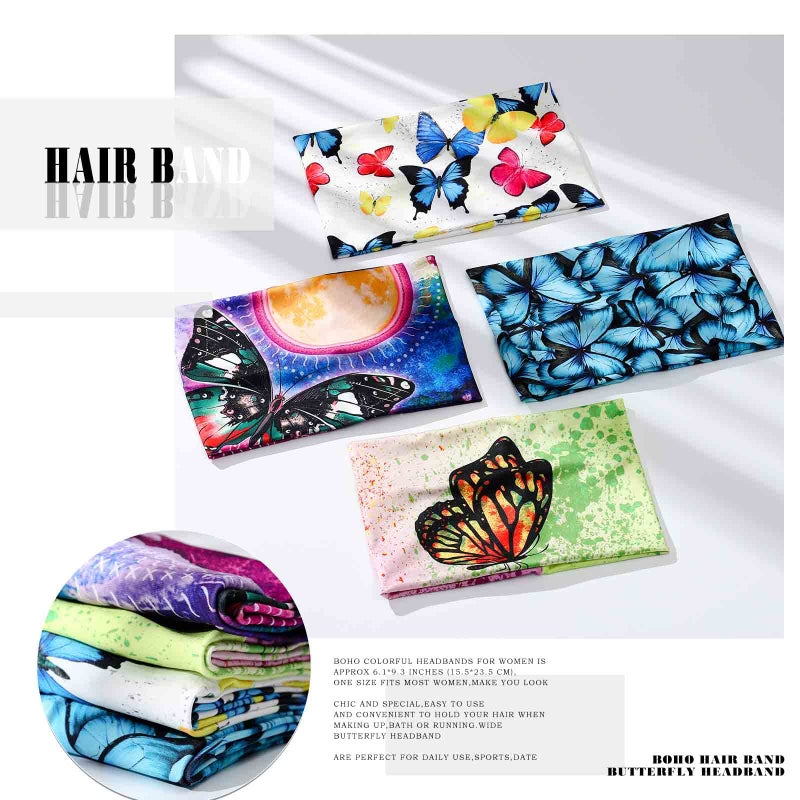 Olbye Wide Boho Headbands Headwrap Butterfly Stretch Button Hair Bands Bandana Yoga Running Athletic Turban Head Bands Head Scarfs Hair Accessories for Women 4Pcs (Boho) - Image 2