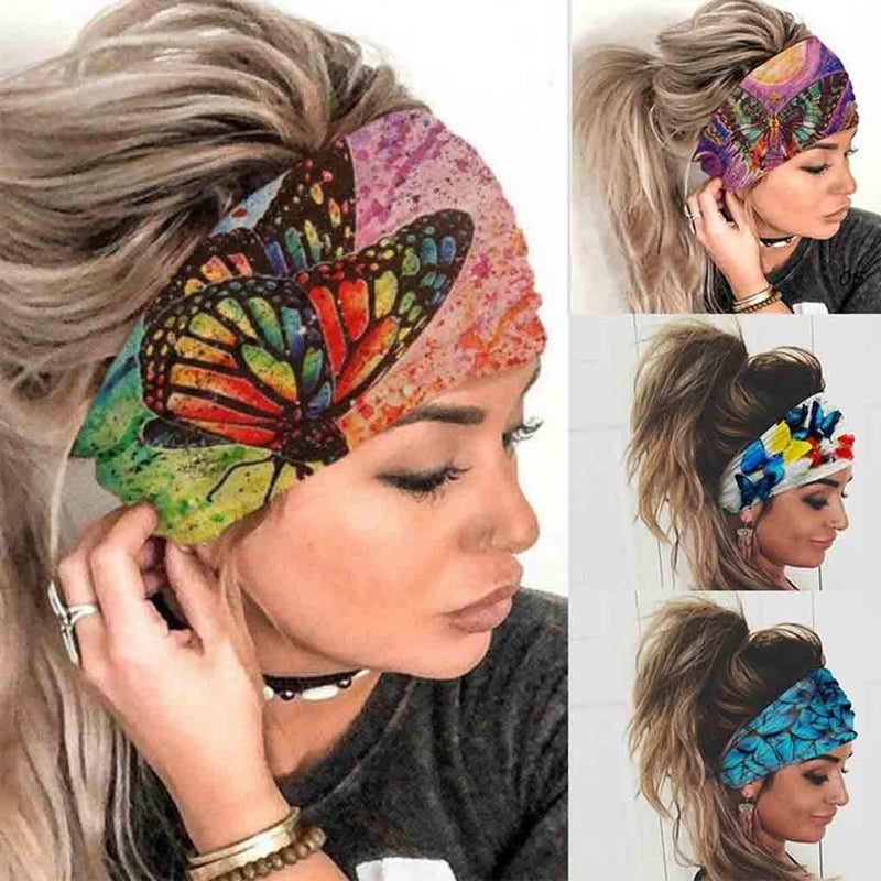 Olbye Wide Boho Headbands Headwrap Butterfly Stretch Button Hair Bands Bandana Yoga Running Athletic Turban Head Bands Head Scarfs Hair Accessories for Women 4Pcs (Boho) - Image 1
