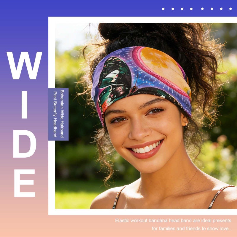 Olbye Wide Boho Headbands Headwrap Butterfly Stretch Button Hair Bands Bandana Yoga Running Athletic Turban Head Bands Head Scarfs Hair Accessories for Women 4Pcs (Boho) - Image 4