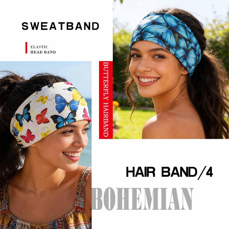 Olbye Wide Boho Headbands Headwrap Butterfly Stretch Button Hair Bands Bandana Yoga Running Athletic Turban Head Bands Head Scarfs Hair Accessories for Women 4Pcs (Boho) - Image 3