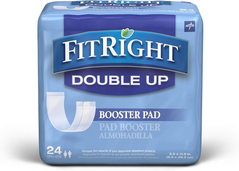 FitRight Double Up Booster Pad, Thin Incontinence Liner, 3.5" x 11.5", Individually Wrapped (Bag of 24)
