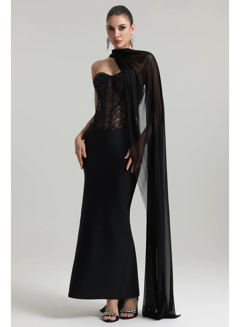 Dodou Strapless Cape Sequin Bandage Maxi Dress