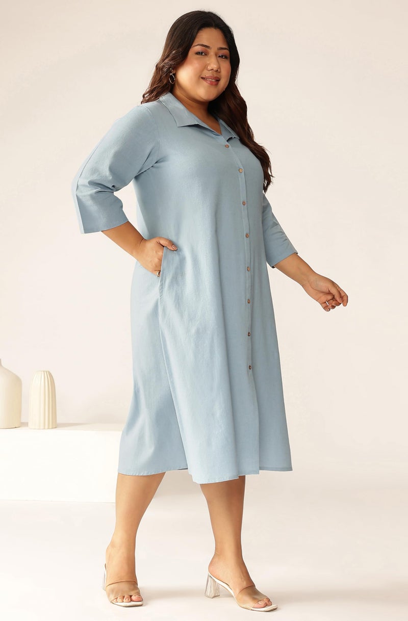 Janasya Women's Plus Size Light Blue Linen Cotton Solid Button Down Shirt Style A-line Dress - Image 5