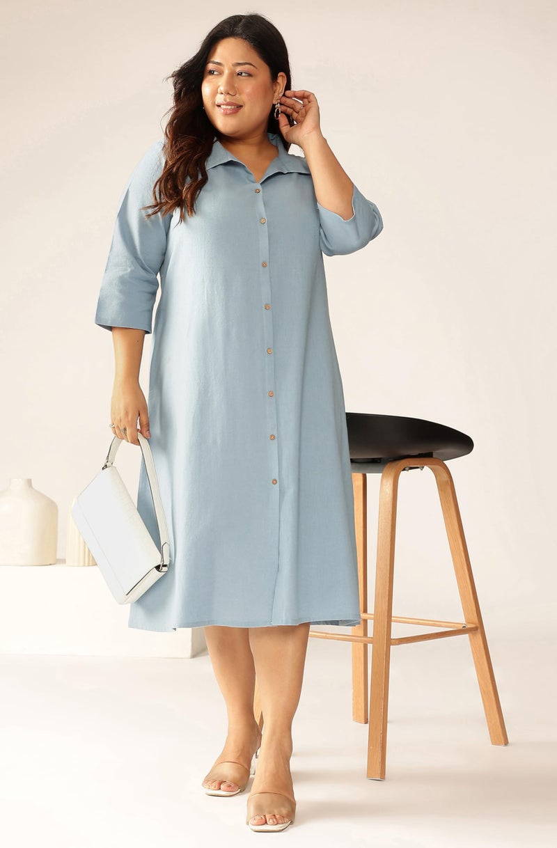 Janasya Women's Plus Size Light Blue Linen Cotton Solid Button Down Shirt Style A-line Dress - Image 3