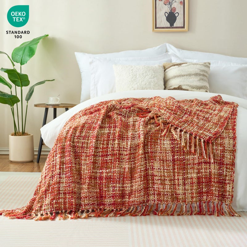 GINAMUSE Multi-Color Dark Red Cable Woven Throw Blanket for Couch,50"X60" Boho Style Textured Blankets for Home Decor,Super Soft Warm Cozy Chunky Blanket with Decorative Tassels for Bed - Image 2