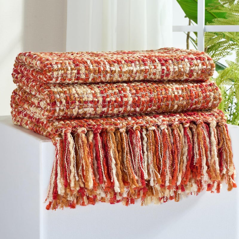 GINAMUSE Multi-Color Dark Red Cable Woven Throw Blanket for Couch,50"X60" Boho Style Textured Blankets for Home Decor,Super Soft Warm Cozy Chunky Blanket with Decorative Tassels for Bed - Image 1