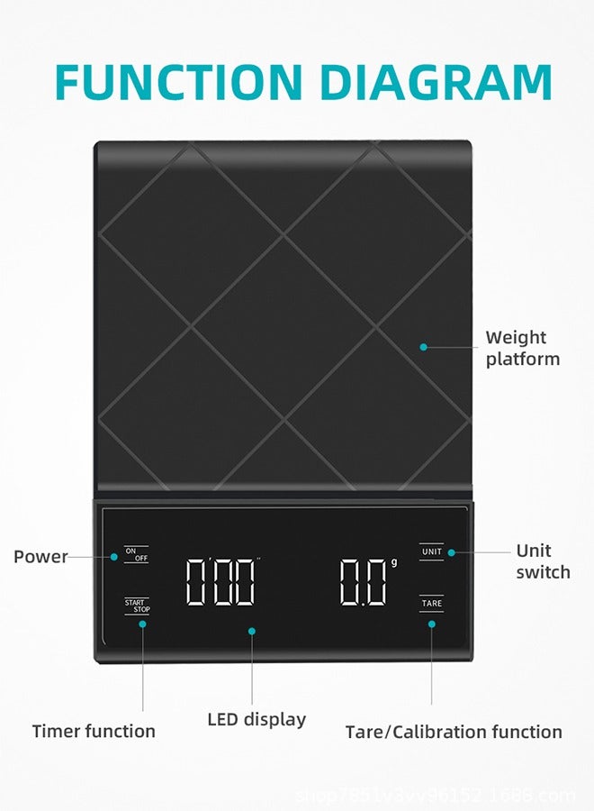 ميزان قهوة رقمي - ميزان مطبخ إلكتروني LED - ميزان طعام - USB قابل لإعادة الشحن - 3 كجم / 0.3 جم