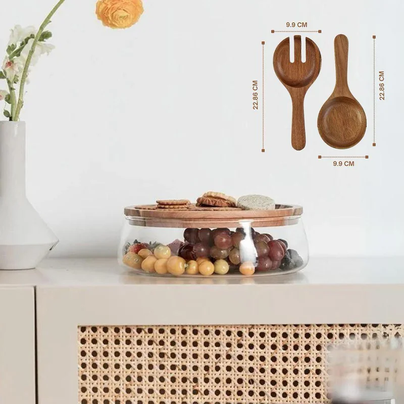 كويزيرا وعاء كويسيرا زجاجي مزدوج مع غطاء خشبي + طبق حلوى صغير