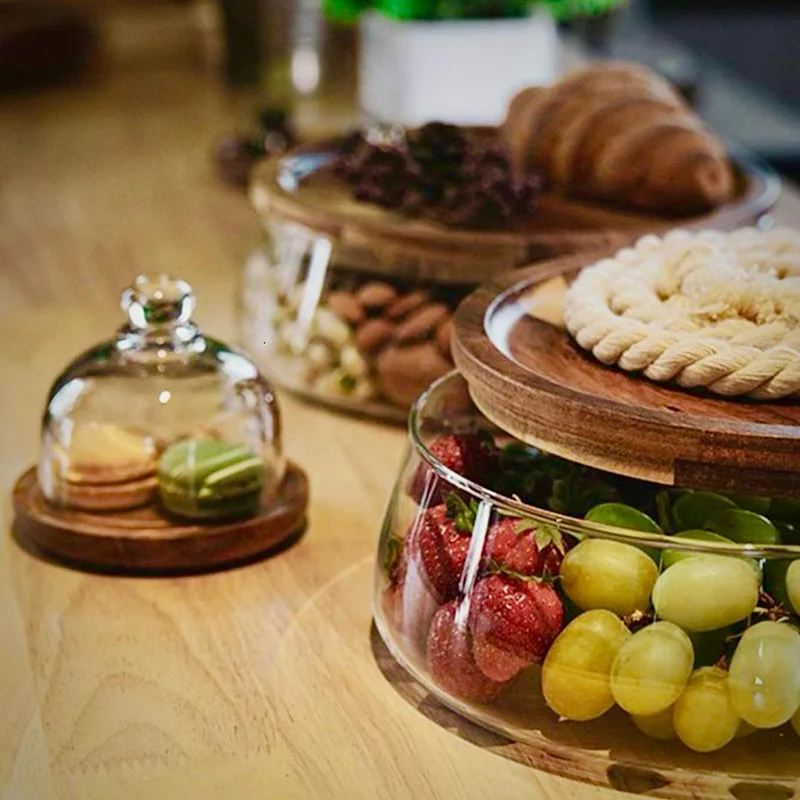 Quesera  Quesera Glass Double decker bowl with wooden lid +Mini dessert Dish  | Best Price UAE