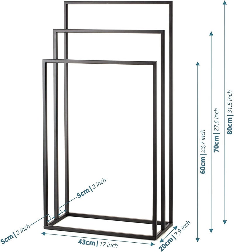 Sweet Furniture 48253 Black Metal Towel Rack 3 Towel Rails 43 x 80 x 20 cm Assembled Bathroom Bedroom Metal / Bathroom Organizer - Black - Image 3