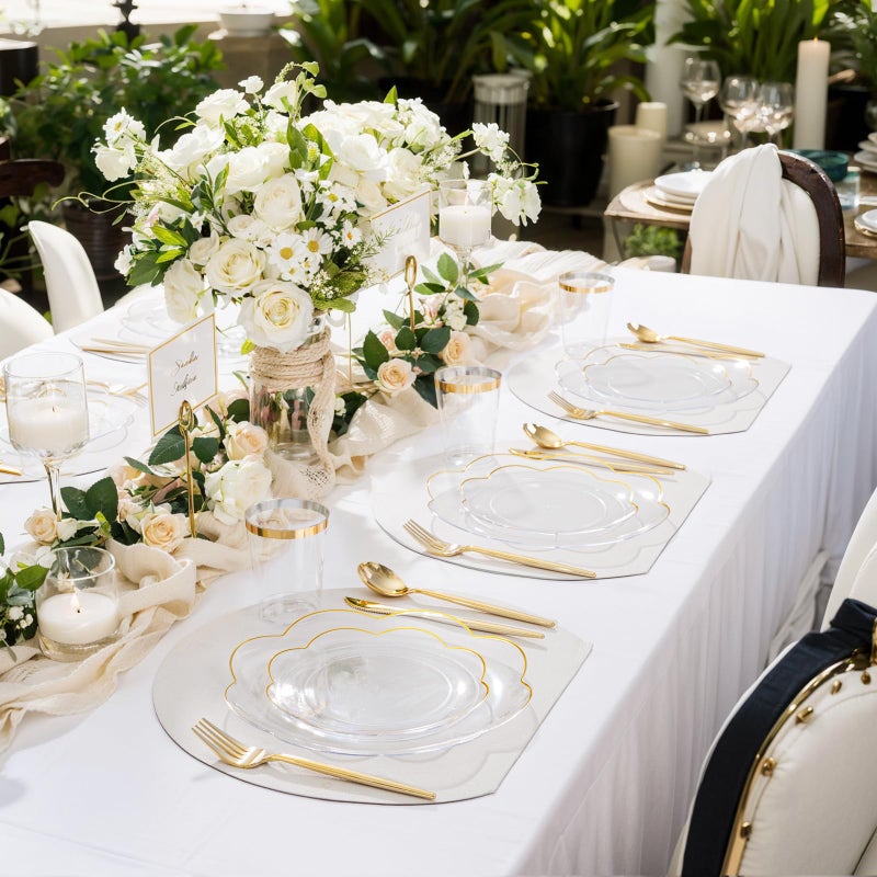 ejonirinjonir EI 180pcs Clear and Gold Plastic Plates with Plastic Silverware,Dinnerware Plate Set for Party,Disposable Plates Heavy Duty Clear Gold Cups for Wedding,Birthday,Spring Afternoon Tea - Image 3
