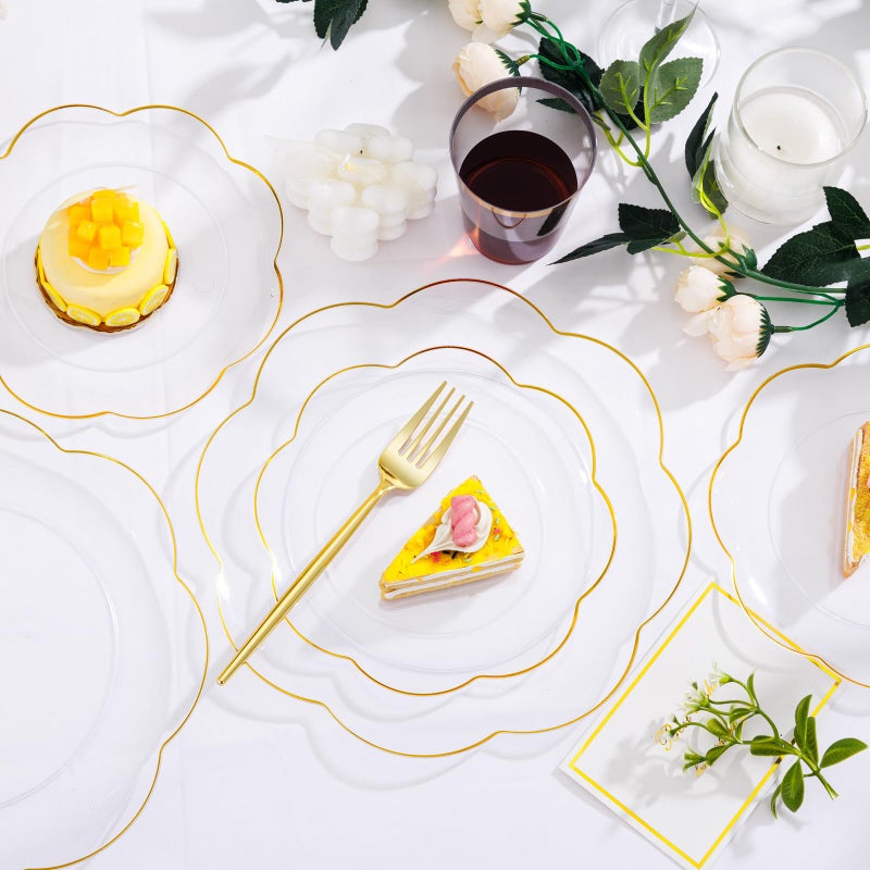 ejonirinjonir EI 180pcs Clear and Gold Plastic Plates with Plastic Silverware,Dinnerware Plate Set for Party,Disposable Plates Heavy Duty Clear Gold Cups for Wedding,Birthday,Spring Afternoon Tea - Image 2
