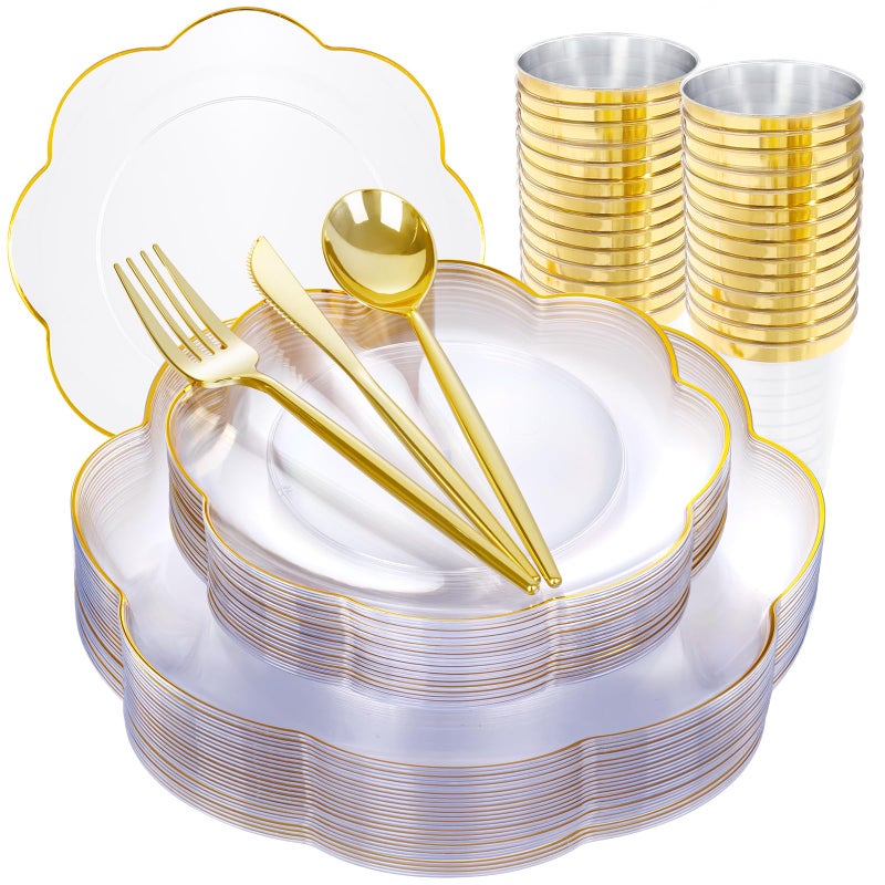 ejonirinjonir EI 180pcs Clear and Gold Plastic Plates with Plastic Silverware,Dinnerware Plate Set for Party,Disposable Plates Heavy Duty Clear Gold Cups for Wedding,Birthday,Spring Afternoon Tea - Image 1