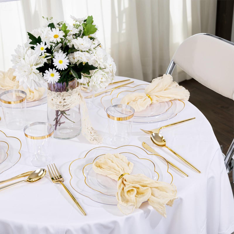 ejonirinjonir EI 180pcs Clear and Gold Plastic Plates with Plastic Silverware,Dinnerware Plate Set for Party,Disposable Plates Heavy Duty Clear Gold Cups for Wedding,Birthday,Spring Afternoon Tea - Image 4