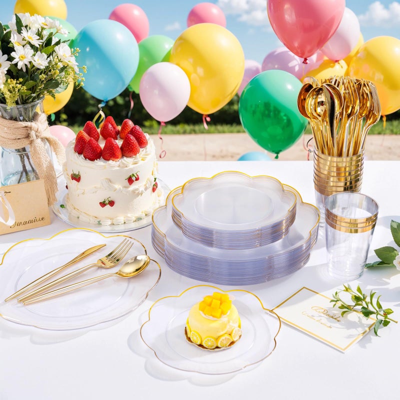 ejonirinjonir EI 180pcs Clear and Gold Plastic Plates with Plastic Silverware,Dinnerware Plate Set for Party,Disposable Plates Heavy Duty Clear Gold Cups for Wedding,Birthday,Spring Afternoon Tea - Image 5