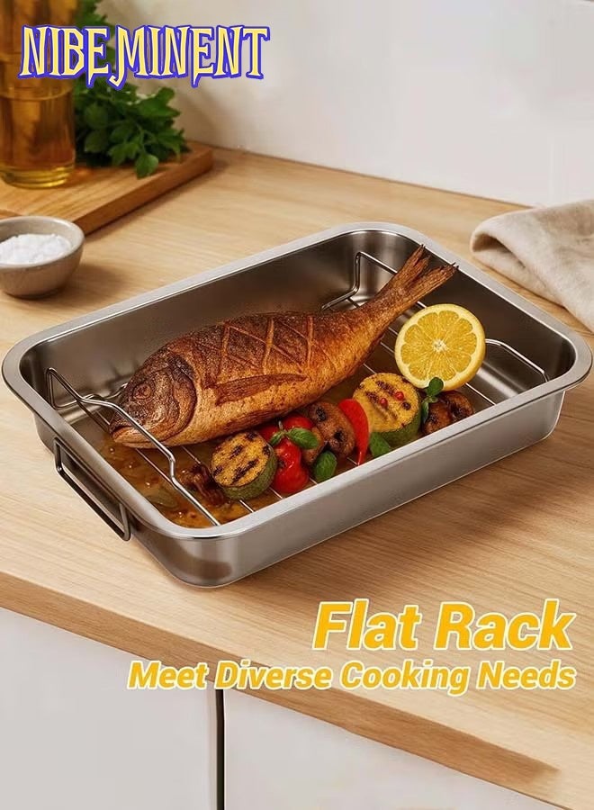 NIBEMINENT صينية شواء من الفولاذ المقاوم للصدأ، صينية شواء مع رف للشواء ومقبض مع قفازات فرن سيليكون وملاقط مطبخ سيليكون للفرن، صينية شواء عالية الجوانب سهلة التنظيف للطهي بالدفع للدجاج، الخضار، اللازانيا - Image 5