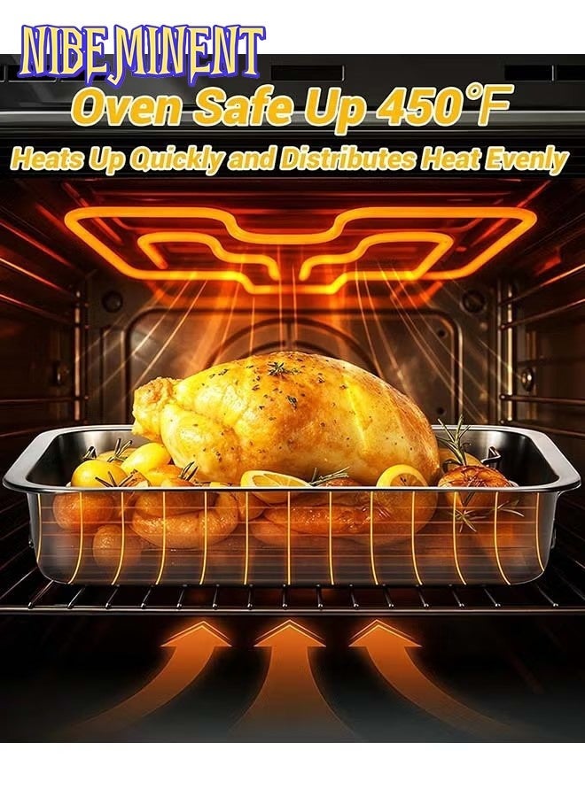 NIBEMINENT صينية شواء من الفولاذ المقاوم للصدأ، صينية شواء مع رف للشواء ومقبض مع قفازات فرن سيليكون وملاقط مطبخ سيليكون للفرن، صينية شواء عالية الجوانب سهلة التنظيف للطهي بالدفع للدجاج، الخضار، اللازانيا - Image 4