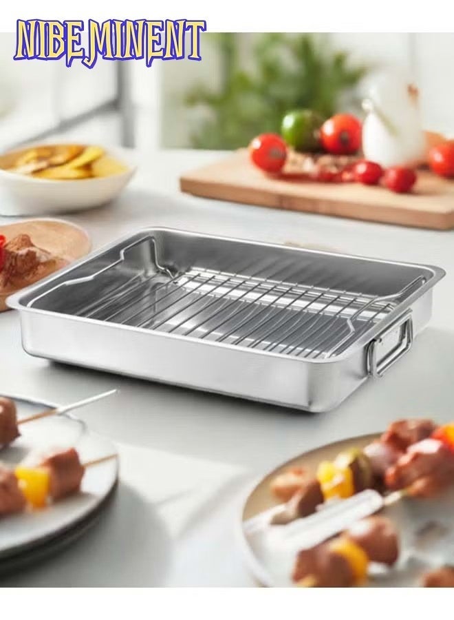 NIBEMINENT صينية شواء من الفولاذ المقاوم للصدأ، صينية شواء مع رف للشواء ومقبض مع قفازات فرن سيليكون وملاقط مطبخ سيليكون للفرن، صينية شواء عالية الجوانب سهلة التنظيف للطهي بالدفع للدجاج، الخضار، اللازانيا - Image 3