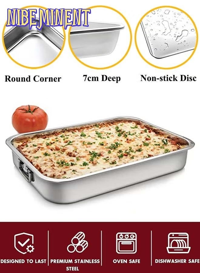 NIBEMINENT صينية شواء من الفولاذ المقاوم للصدأ، صينية شواء مع رف للشواء ومقبض مع قفازات فرن سيليكون وملاقط مطبخ سيليكون للفرن، صينية شواء عالية الجوانب سهلة التنظيف للطهي بالدفع للدجاج، الخضار، اللازانيا - Image 2