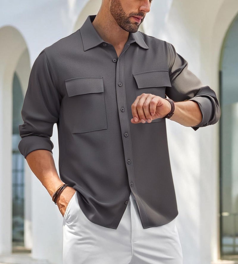 Alex Vando Mens Button Down Shirts Two Pockets Long Sleeve Casual Dress Shirt for Men,Charcoal,L - Image 2