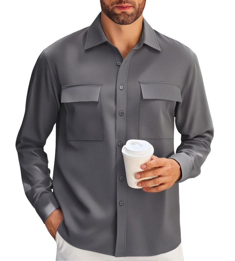 Alex Vando Mens Button Down Shirts Two Pockets Long Sleeve Casual Dress Shirt for Men,Charcoal,L - Image 1