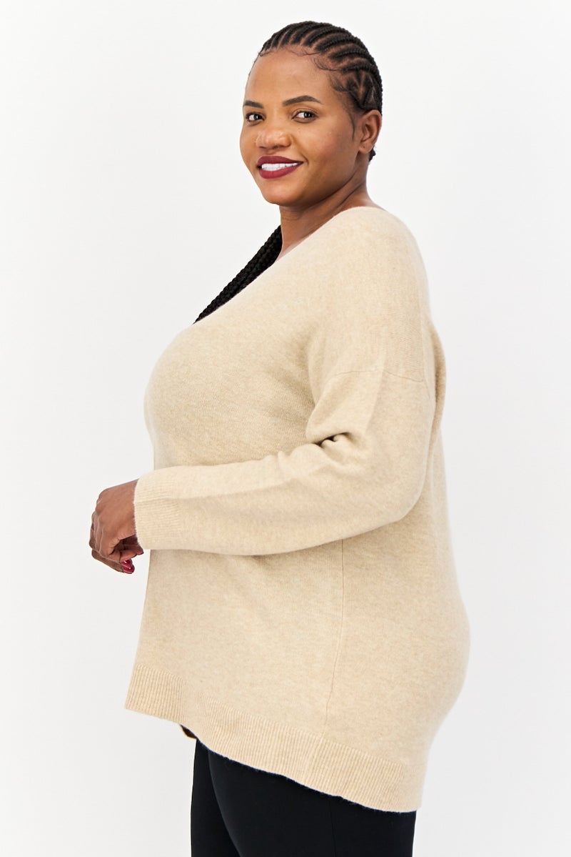 ESPRIT Women V-Neck Heather Sweater, Tan  - Image 2