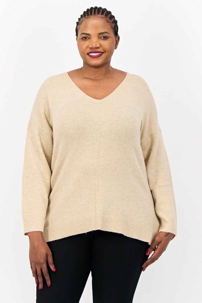 ESPRIT Women V-Neck Heather Sweater, Tan  - Image 1