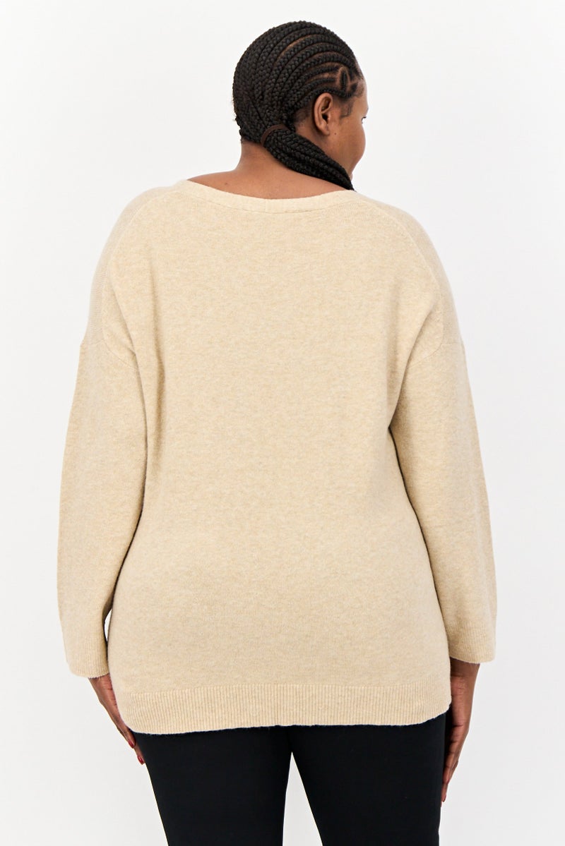 ESPRIT Women V-Neck Heather Sweater, Tan  - Image 3