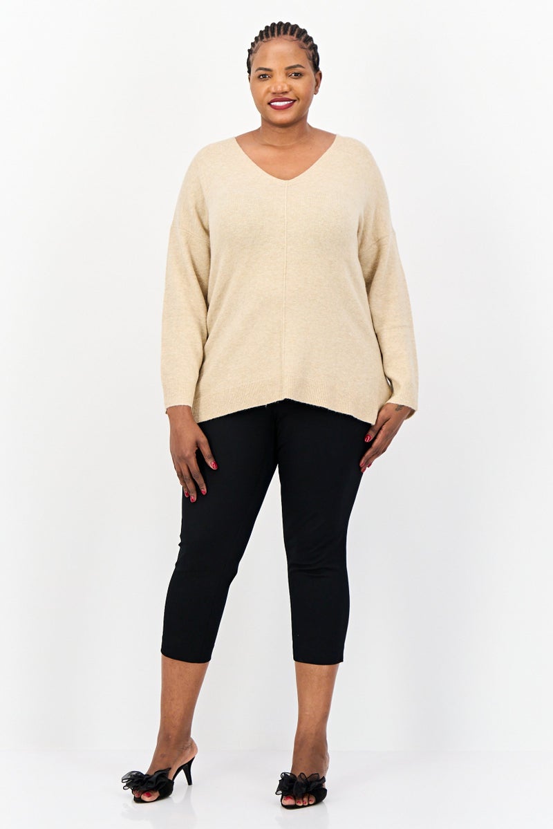 ESPRIT Women V-Neck Heather Sweater, Tan  - Image 4