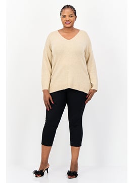ESPRIT Women V-Neck Heather Sweater, Tan  - Image 4