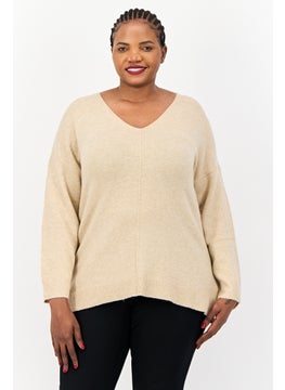 ESPRIT Women V-Neck Heather Sweater, Tan  - Image 1